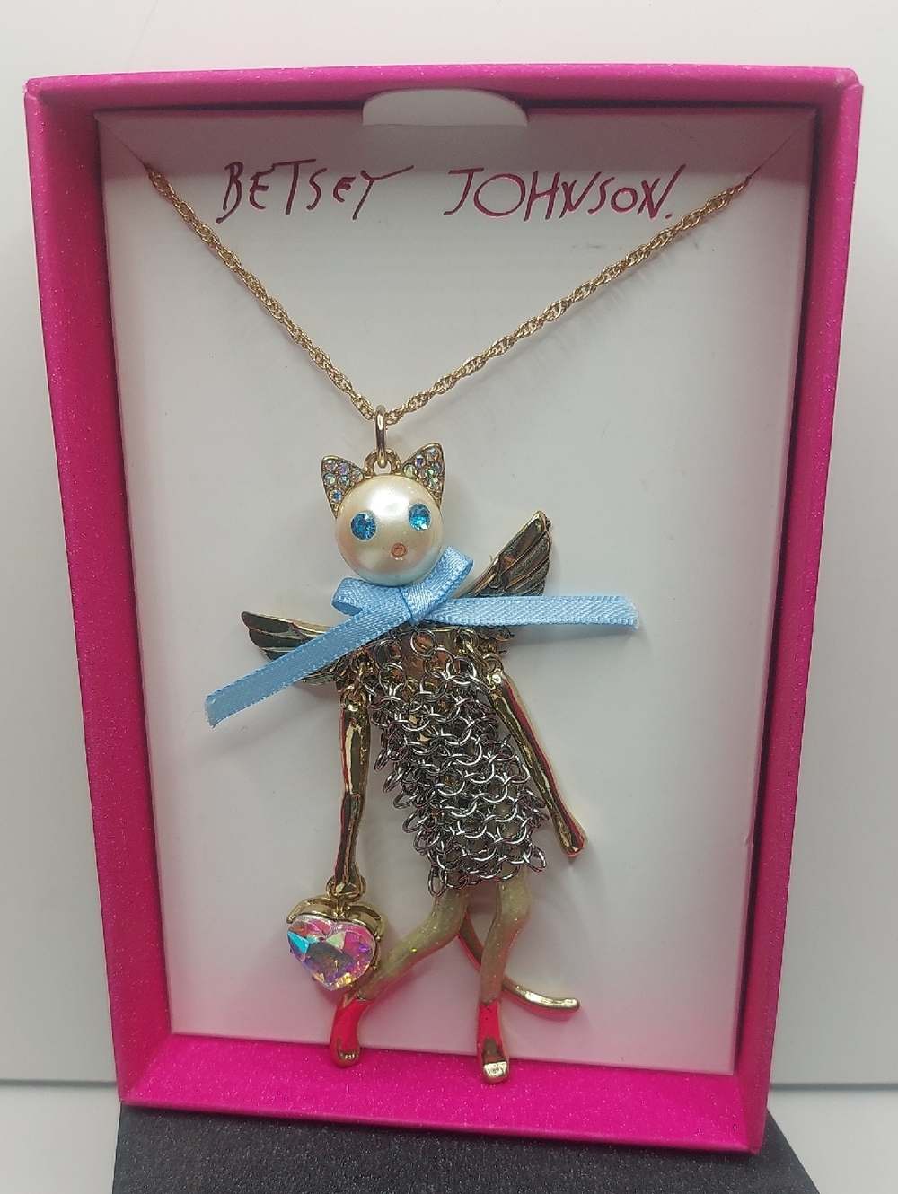 Betsey Johnson Gold Toned Rhinestone Articulated Whimsical Cat Pendant Necklace